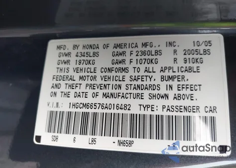 2006 Honda Accord 3.0 Ex z USA, uszkodzony, nr VIN 1HGCM66576A016482